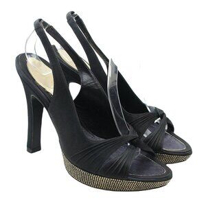 Rene Caovilla Black Satin Crystal Jewel Slingback Open Toe Platform Heels